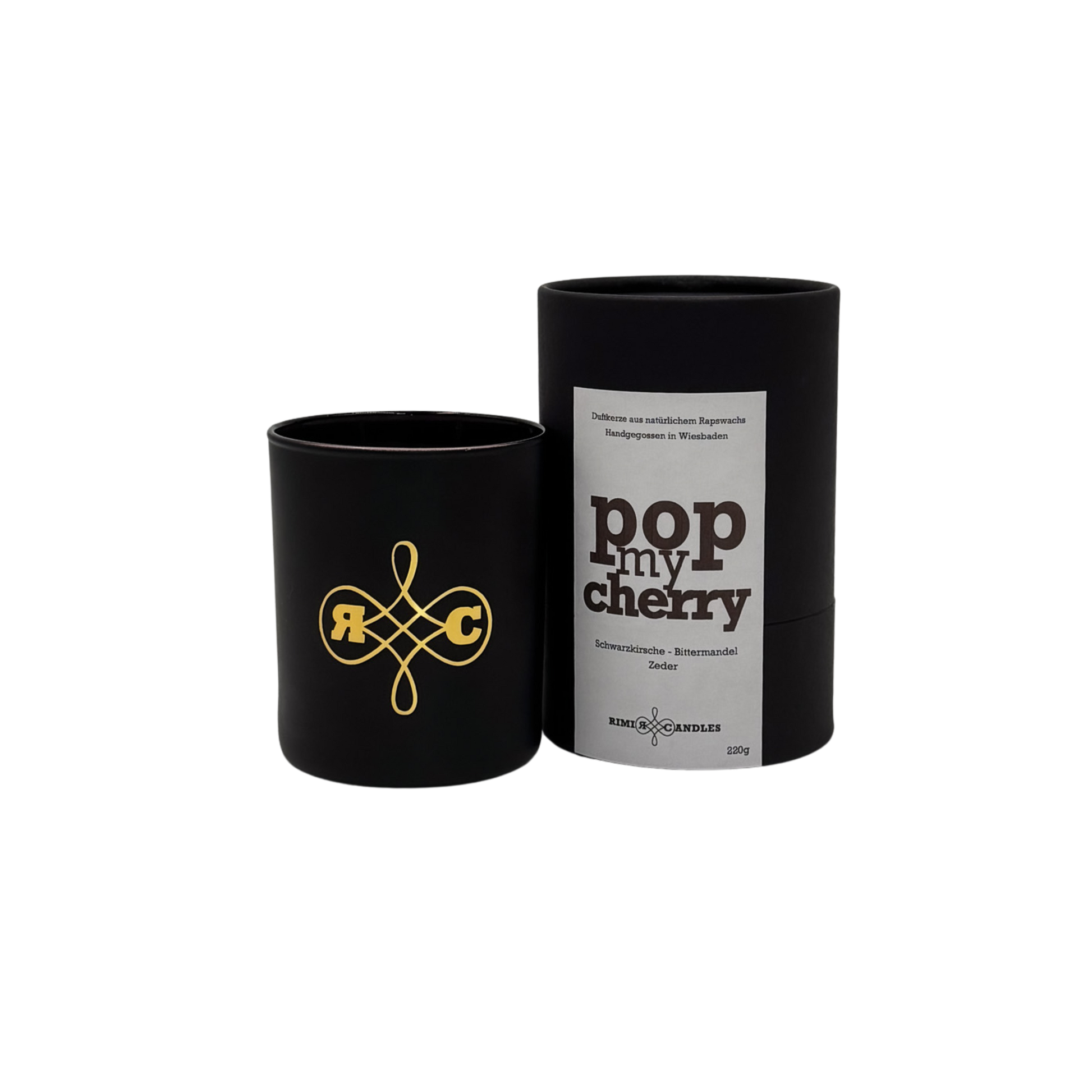"Premium Duftkerze Pop My Cherry im schwarzen Designerglas