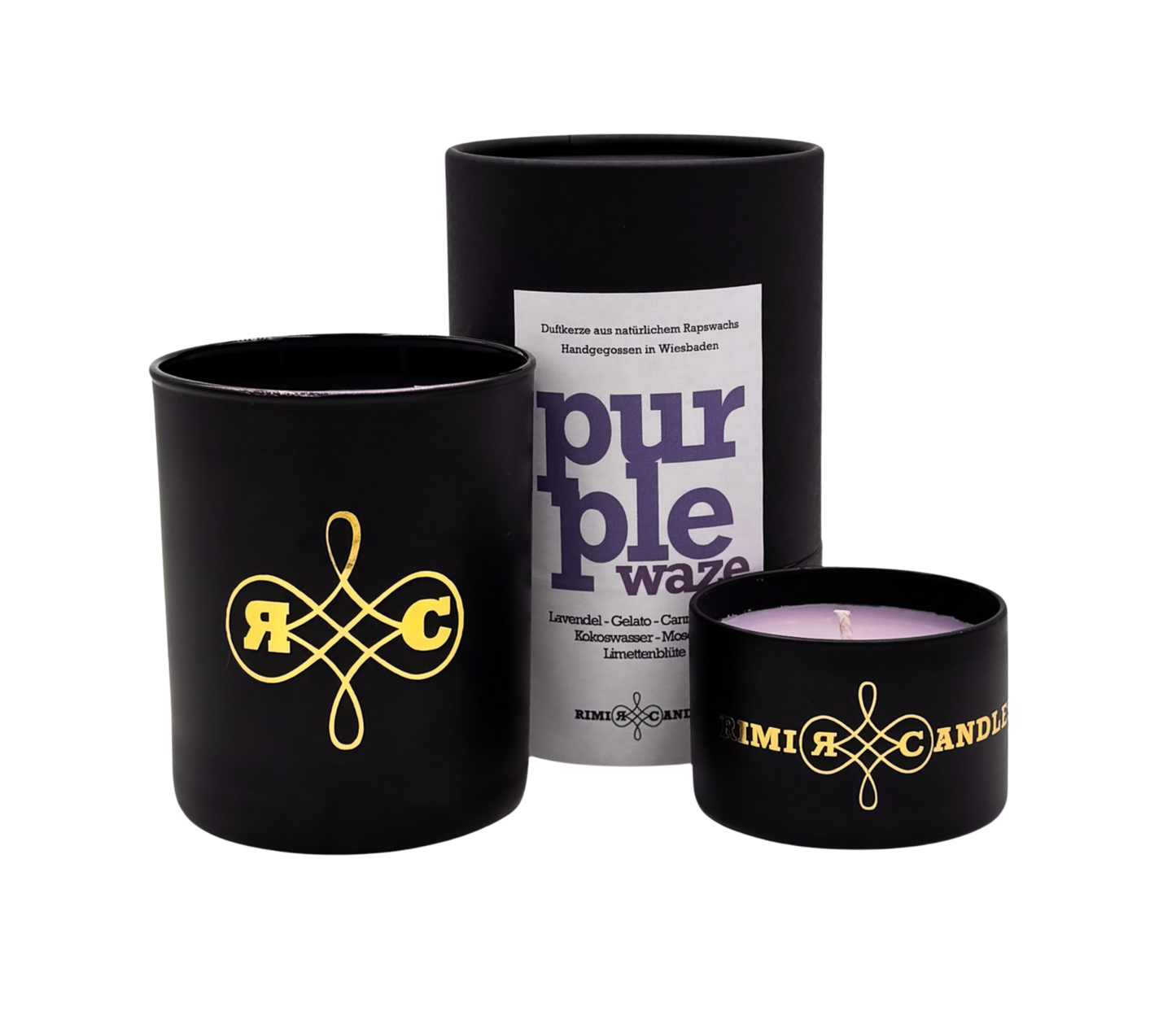 Entspannende Purple Waze Kerze mit lila Akzenten handgefertigt