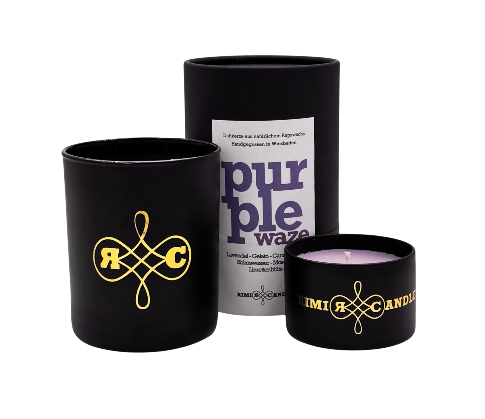 Entspannende Purple Waze Kerze mit lila Akzenten handgefertigt