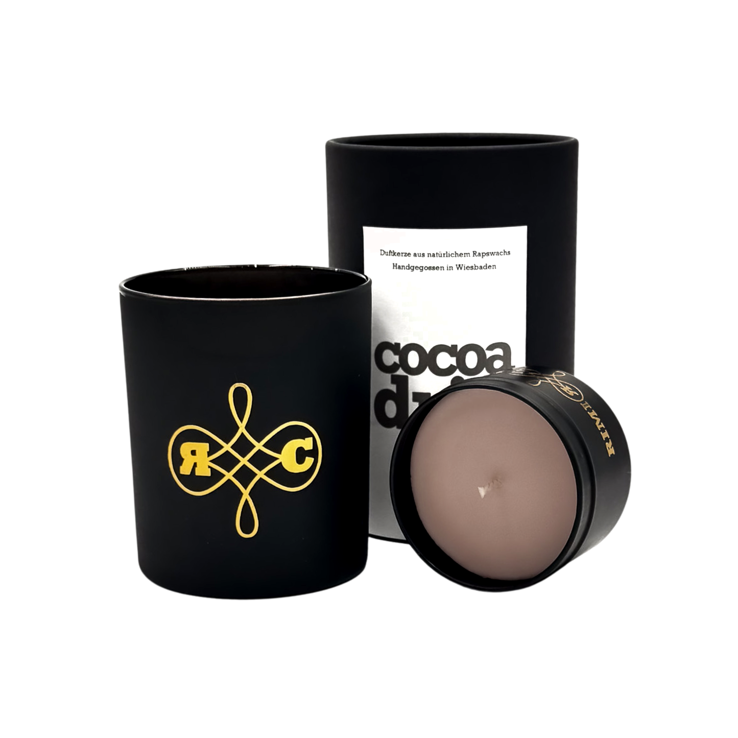 RIMI Candles – Cocoa Drift Duftkerze mit winterlichen Kakao- und Minznoten in edler schwarzer Verpackung.
