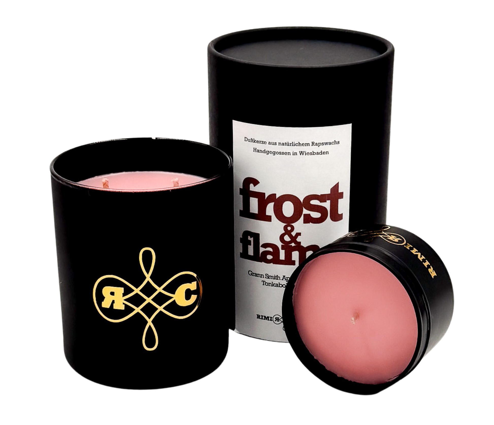 Frost & Flame Kerze – festlicher Winterduft mit Apfel-Zimt-Pie, mattschwarze Dose.