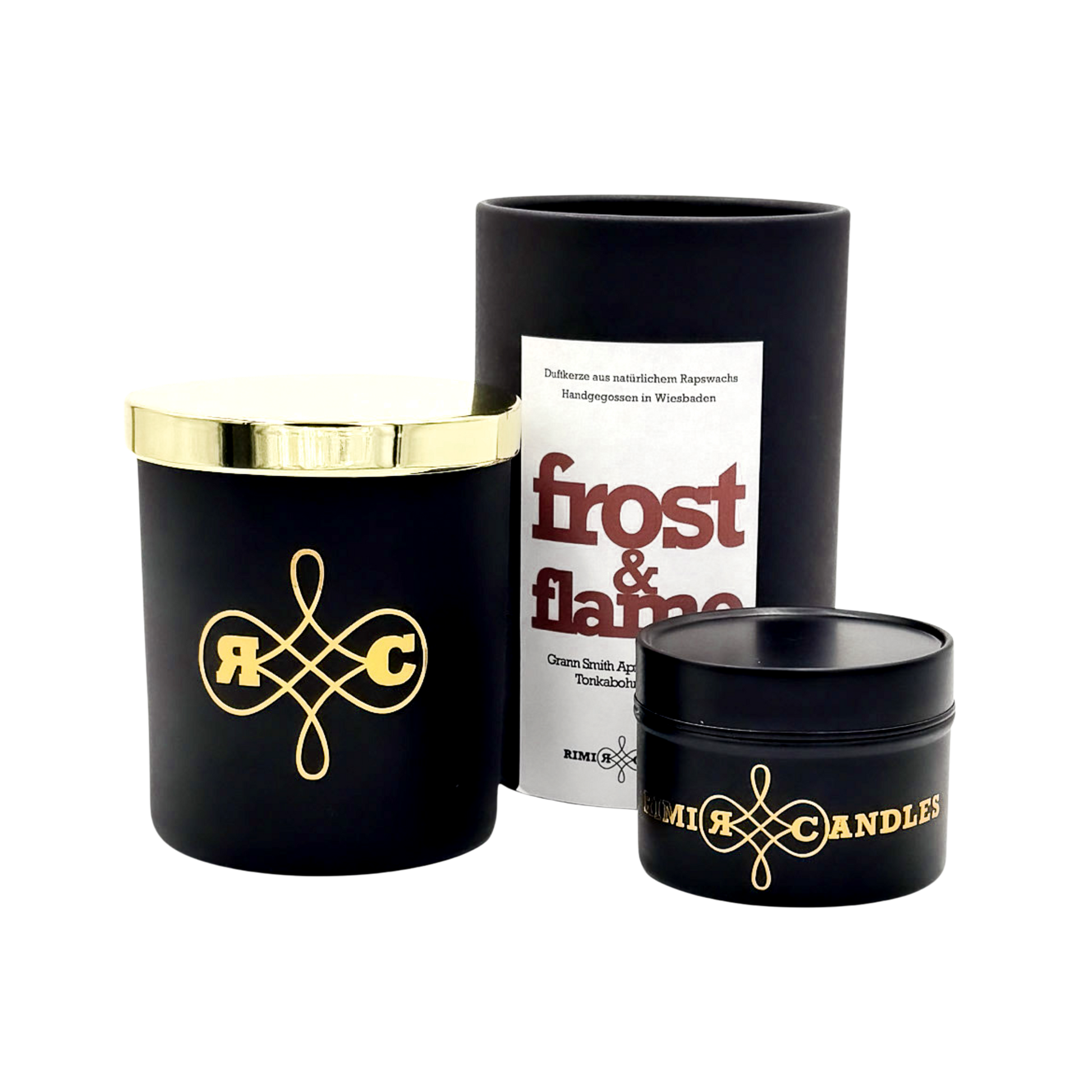 RIMI Candles Frost & Flame – gemütlicher Winterduft mit Apfel, Zimt und warmen Akzenten.