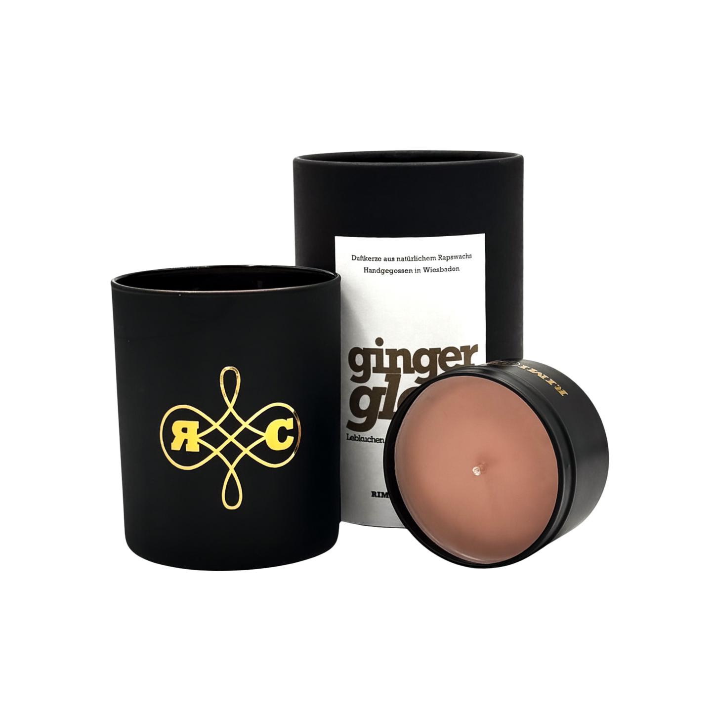 RIMI Candles Ginger Glow – luxuriöse Winterkerze mit Lebkuchen, Marzipan und warmen Gewürzen in mattschwarzer Dose.